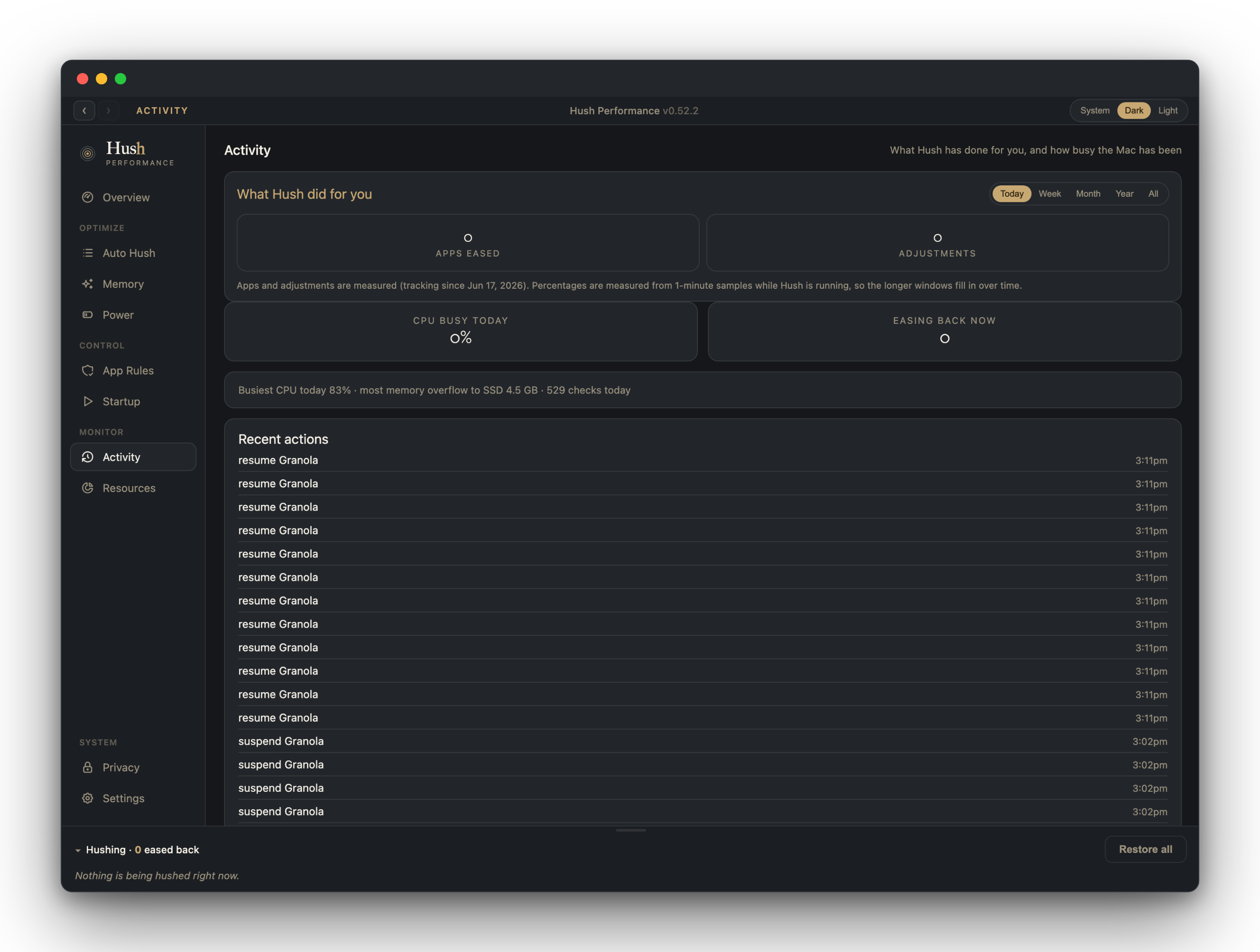 Hush Activity pane: a timestamped log of every adjustment Hush made, with apps eased and adjustments tallied for the day